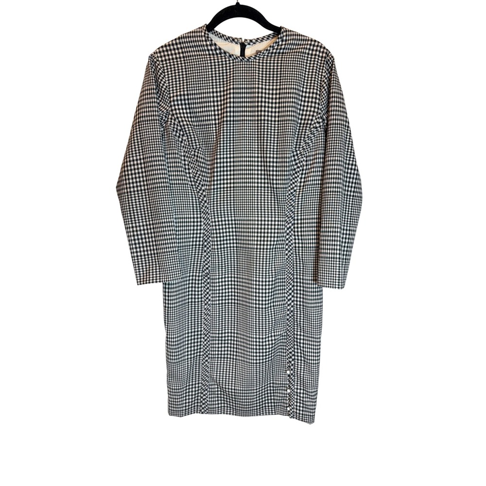 Lela Rose Gingham Sheath Dress Black White Long Sleeve Button Detail Crew Neck